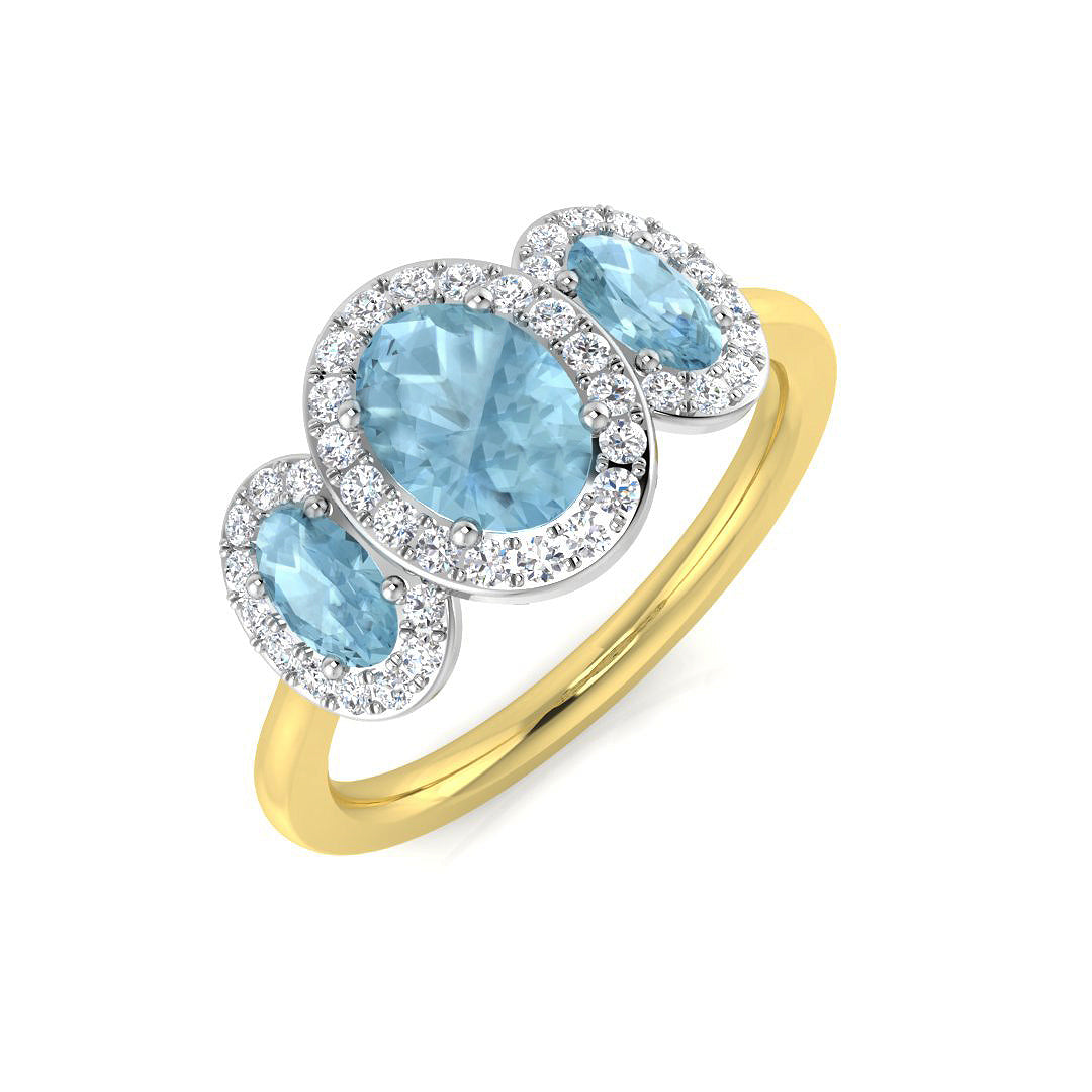 Oval Cut Aquamarine Halo Ring with Natural Diamond Three Stone Design in 10K/14K gold and platinum with certified lab-grown or natural diamonds