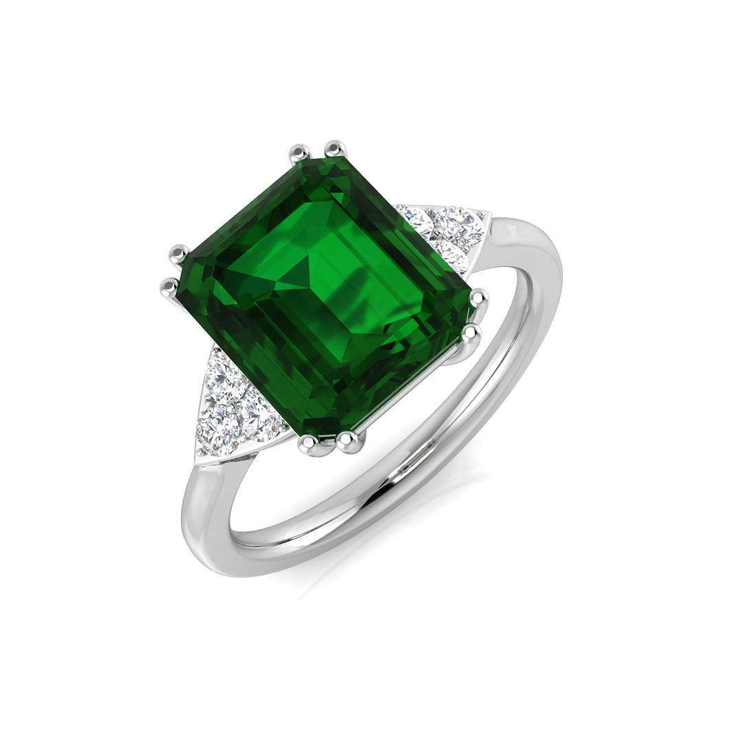 Square Emerald Trilogy Ring with Trillion Diamond Side Stones in 10K/14K gold and platinum with certified lab-grown or natural diamonds