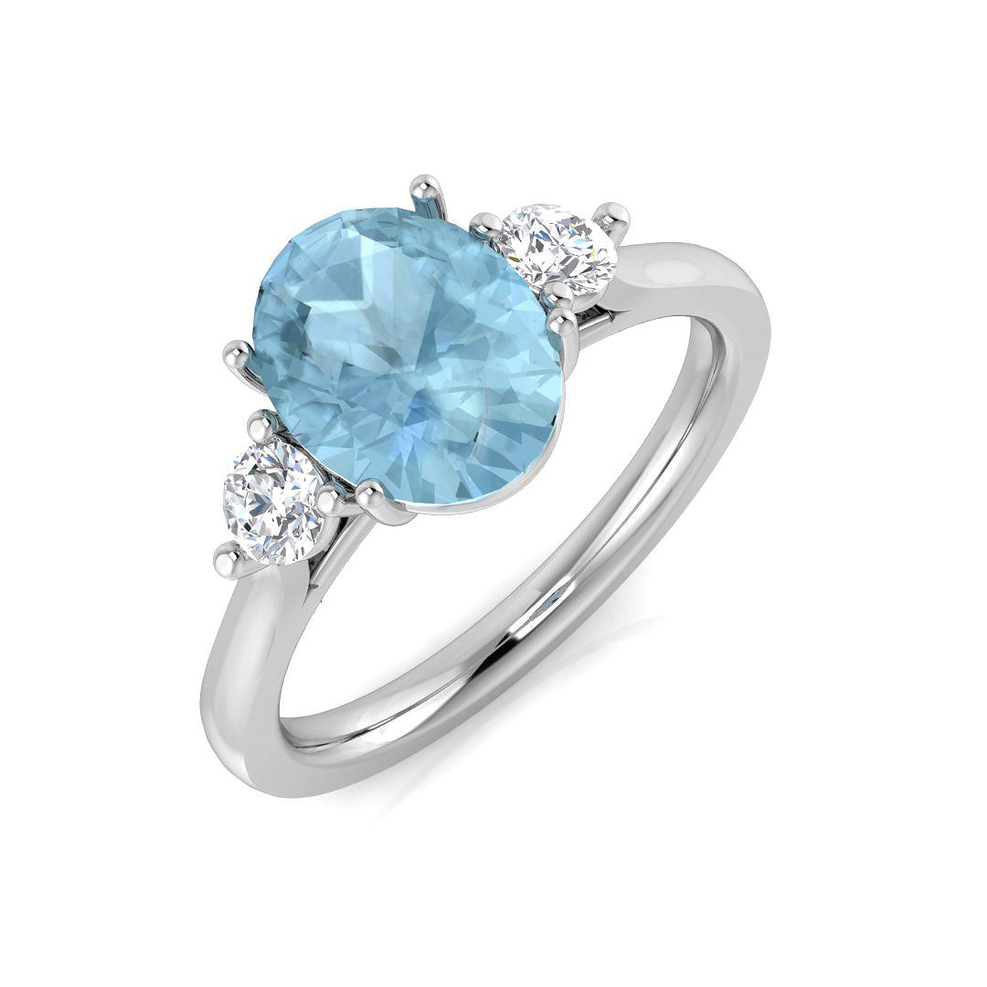 Oval Cut Aquamarine Three Stone Ring with Diamond Side Stones in 10K/14K gold and platinum with certified lab-grown or natural diamonds
