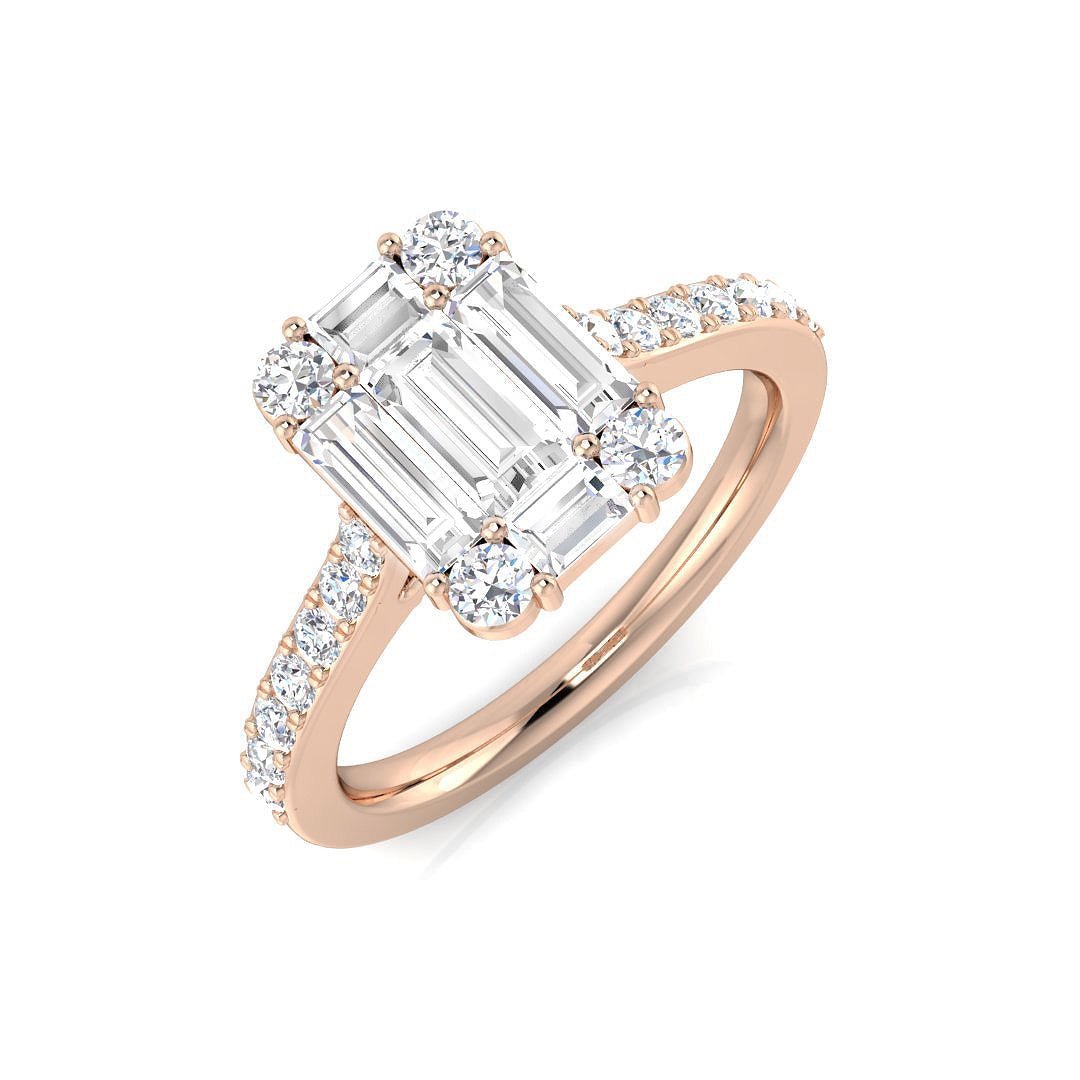 Baguette & Round Cut Diamond Cluster Engagement Ring in 10K/14K gold and platinum with certified lab-grown or natural diamonds