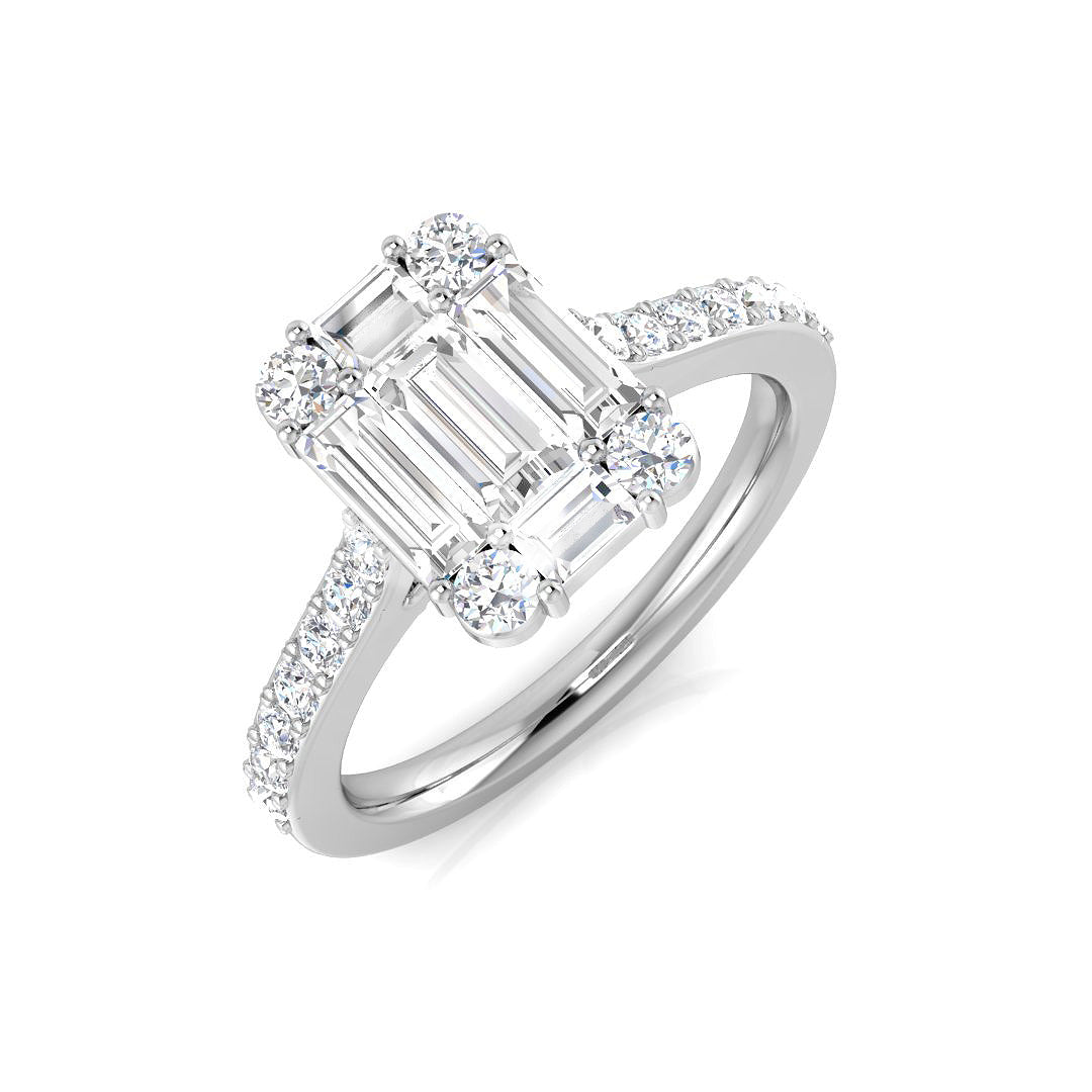 Baguette & Round Cut Diamond Cluster Engagement Ring in 10K/14K gold and platinum with certified lab-grown or natural diamonds