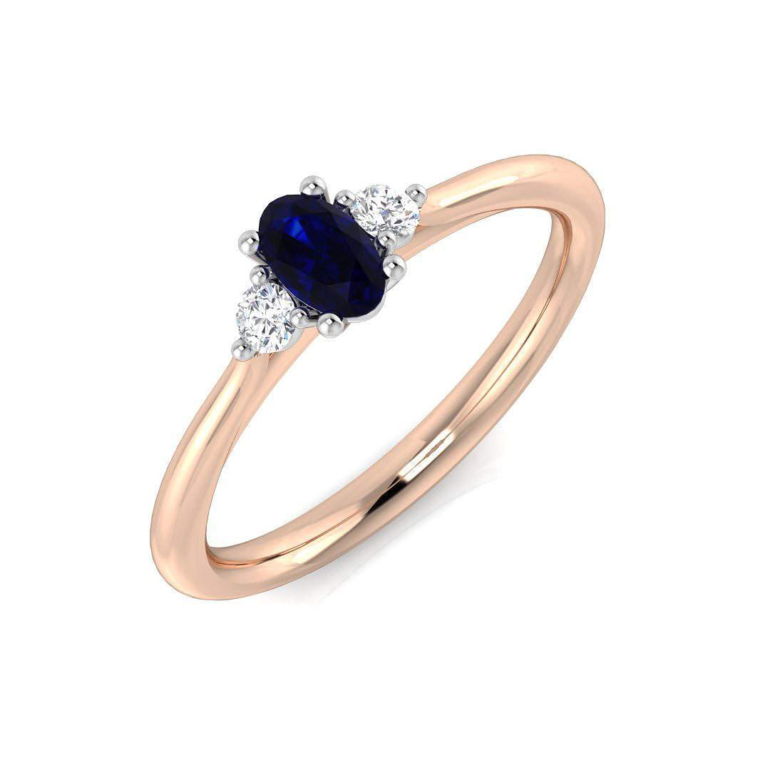 Oval Blue Sapphire Ring with Natural Diamond Side Stones Trilogy Ring in 10K/14K gold and platinum with certified lab-grown or natural diamonds