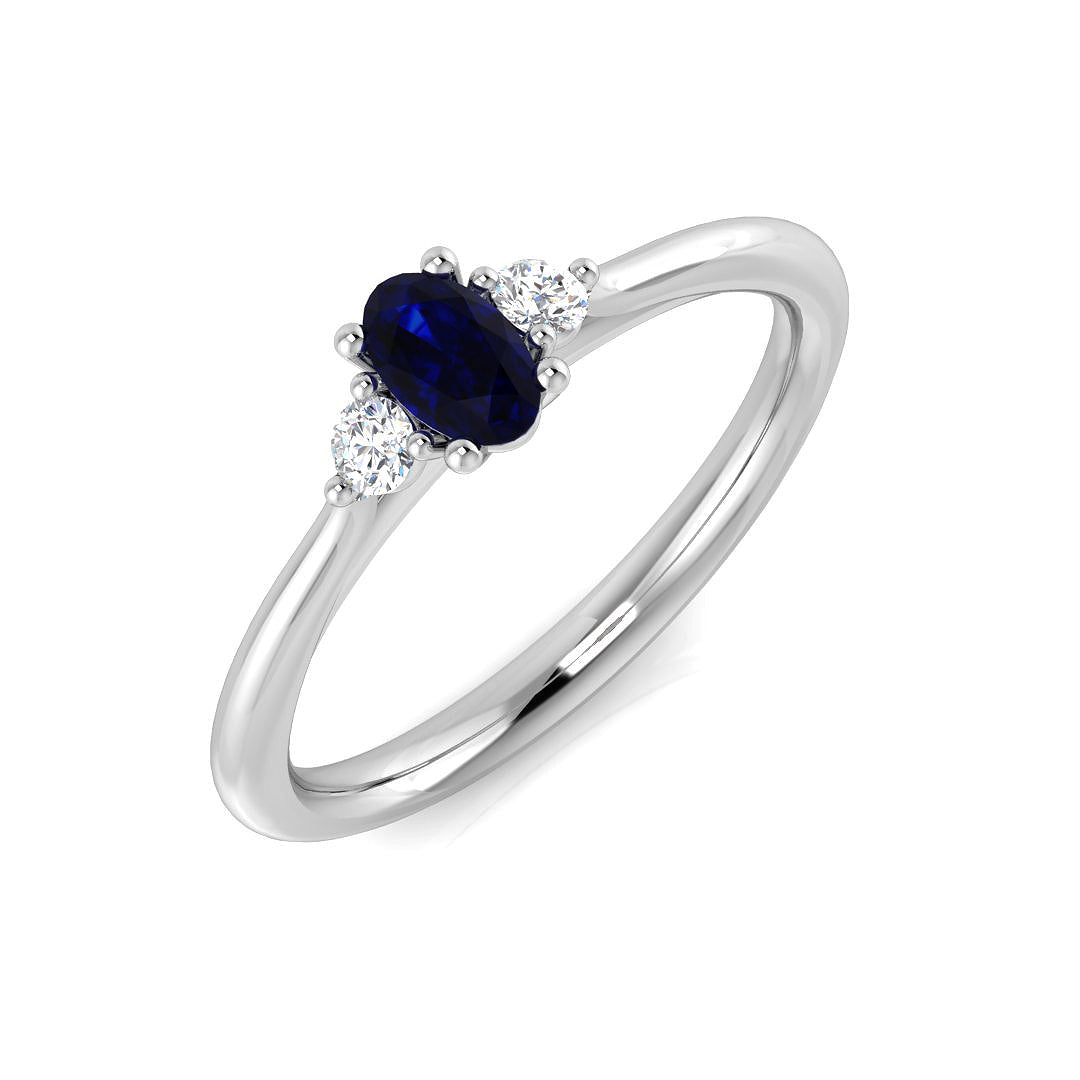 Oval Blue Sapphire Ring with Natural Diamond Side Stones Trilogy Ring in 10K/14K gold and platinum with certified lab-grown or natural diamonds