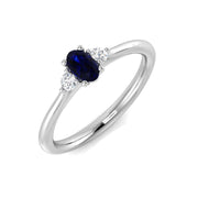 Oval Blue Sapphire Ring with Natural Diamond Side Stones Trilogy Ring in 10K/14K gold and platinum with certified lab-grown or natural diamonds