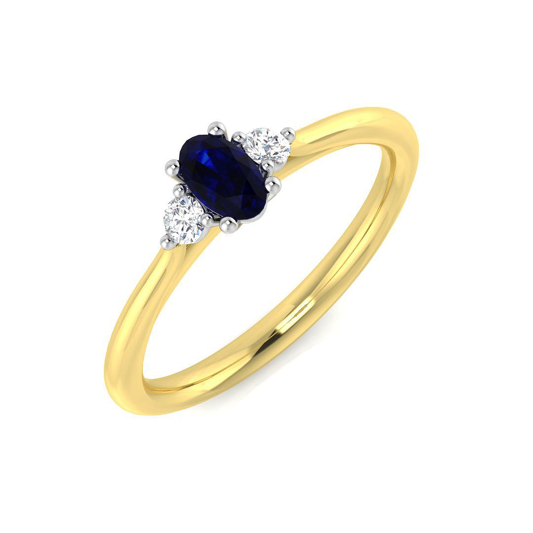 Oval Blue Sapphire Ring with Natural Diamond Side Stones Trilogy Ring in 10K/14K gold and platinum with certified lab-grown or natural diamonds