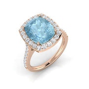 Cushion Cut Aquamarine Halo Ring with Diamond Pave Band - Natural in 10K/14K gold and platinum with certified lab-grown or natural diamonds