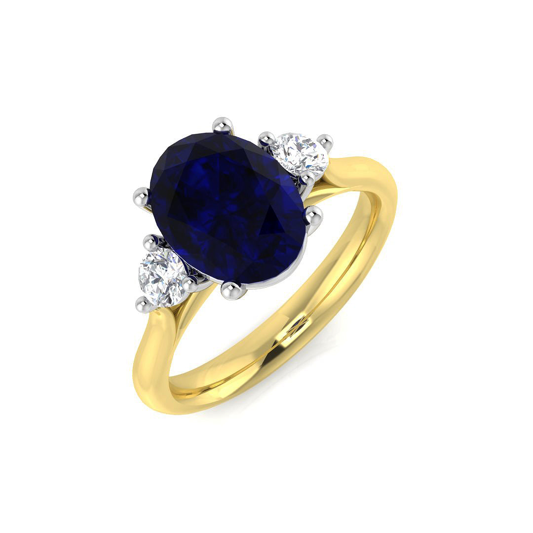 Oval Cut Blue Sapphire Ring with Round Side Stone Ring in 10K/14K gold and platinum with certified lab-grown or natural diamonds
