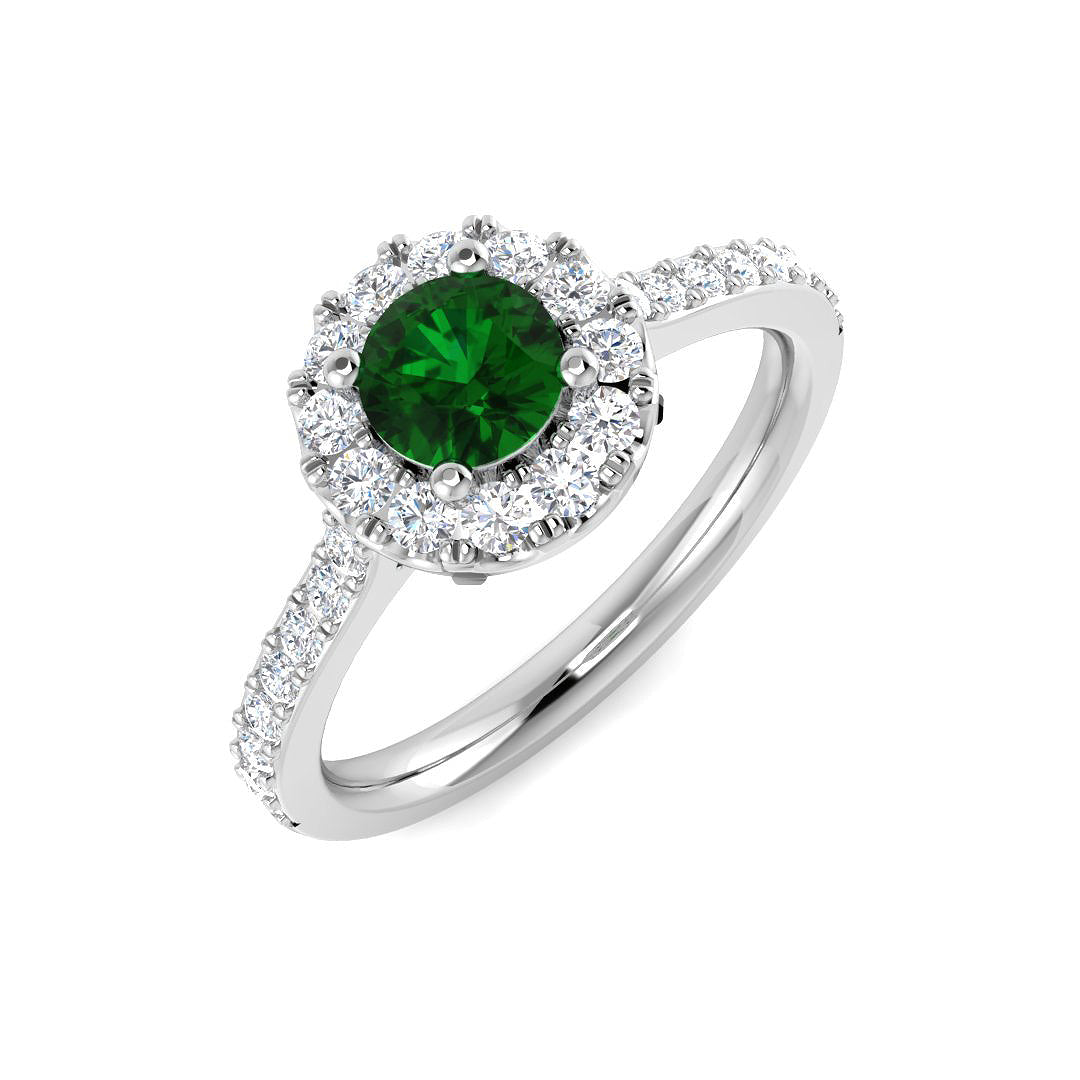 Emerald Halo Diamond Ring with Diamond Pave Band in 10K/14K gold and platinum with certified lab-grown or natural diamonds
