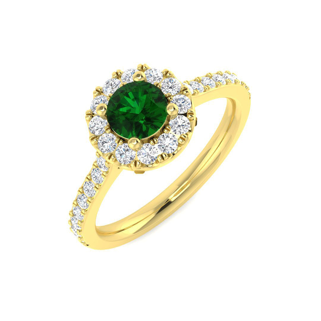 Emerald Halo Diamond Ring with Diamond Pave Band in 10K/14K gold and platinum with certified lab-grown or natural diamonds