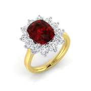 Cushion Cut Ruby Halo Ring with Round Cluster Natural Diamond in 10K/14K gold and platinum with certified lab-grown or natural diamonds