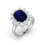Cushion Cut Blue Sapphire Halo Ring with Round Cluster Natural Diamond in 10K/14K gold and platinum with certified lab-grown or natural diamonds