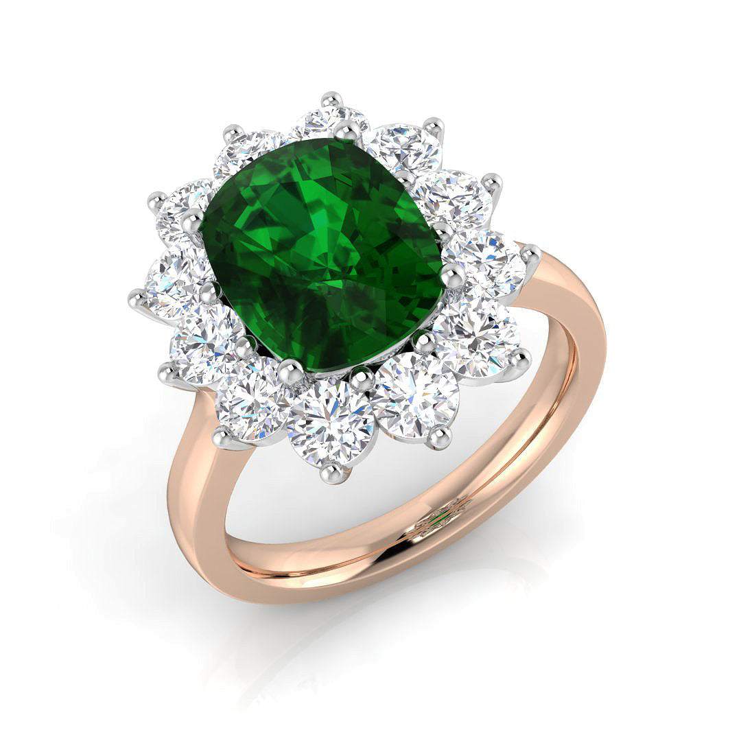 Cushion Cut Emerald Halo Ring with Round Natural Diamond Cluster Ring in 10K/14K gold and platinum with certified lab-grown or natural diamonds