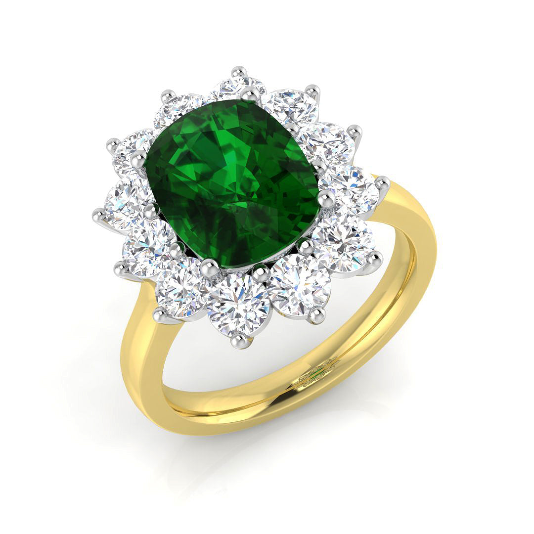 Cushion Cut Emerald Halo Ring with Round Natural Diamond Cluster Ring in 10K/14K gold and platinum with certified lab-grown or natural diamonds