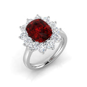 Cushion Cut Ruby Halo Ring with Round Cluster Natural Diamond in 10K/14K gold and platinum with certified lab-grown or natural diamonds