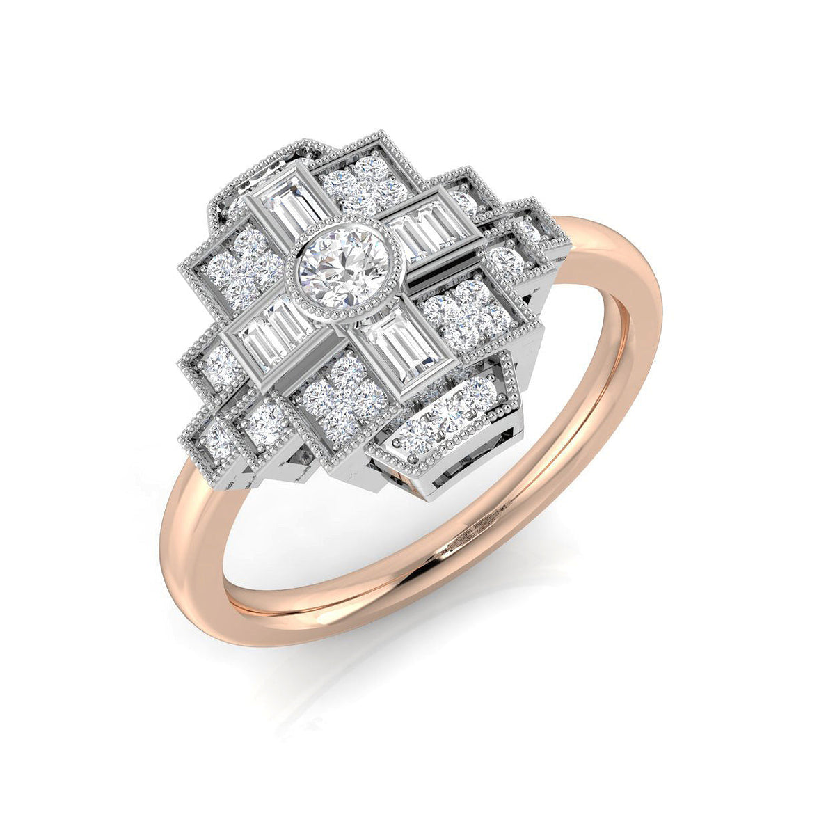 Lab-Grown Round & Baguette Diamond Vintage Ring in 10K/14K gold and platinum with certified lab-grown or natural diamonds
