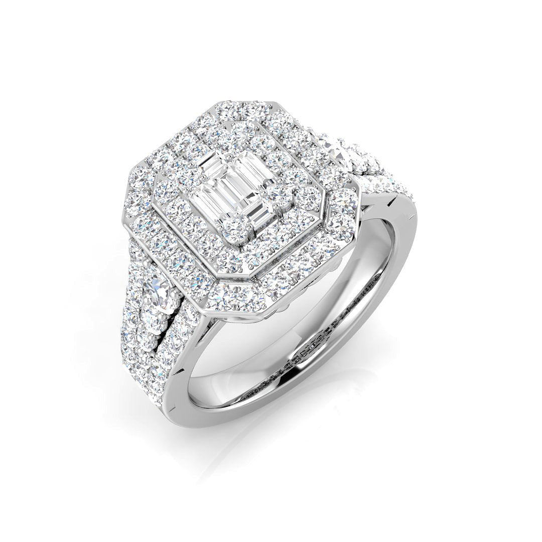 Baguette & Round Diamond Double Halo Ring 1.25ct in 10K/14K gold and platinum with certified lab-grown or natural diamonds