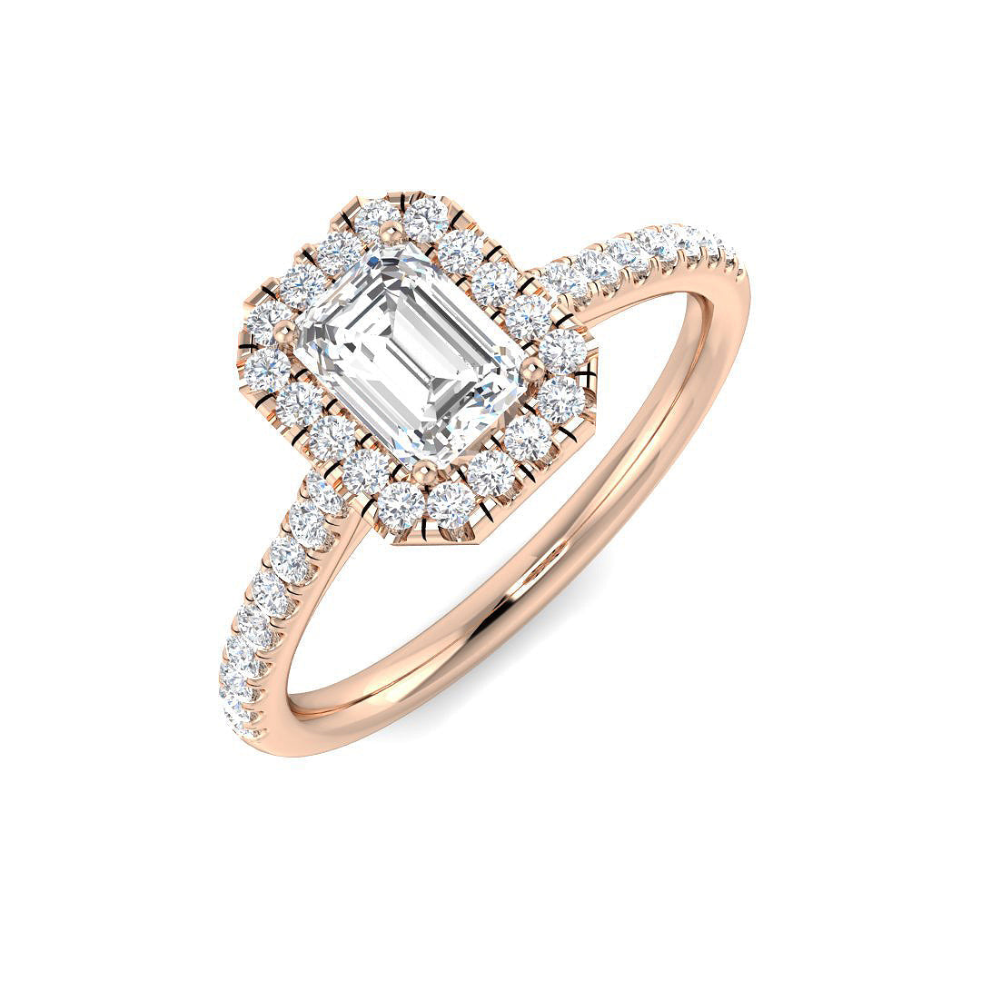 Emerald Cut Diamond Halo Engagement Ring in 10K/14K gold and platinum with certified lab-grown or natural diamonds
