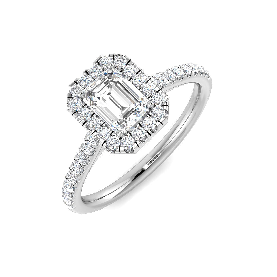 Emerald Cut Diamond Halo Engagement Ring in 10K/14K gold and platinum with certified lab-grown or natural diamonds