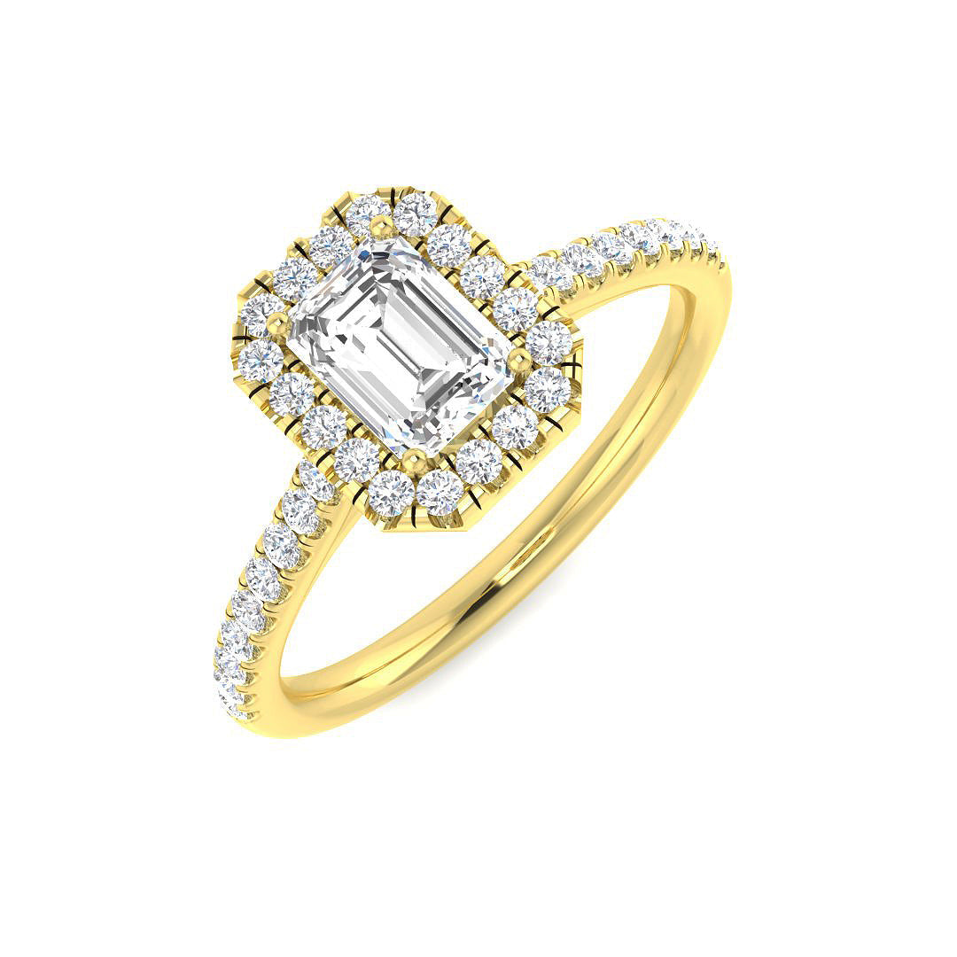 Emerald Cut Diamond Halo Engagement Ring in 10K/14K gold and platinum with certified lab-grown or natural diamonds