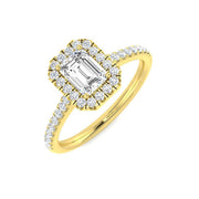 Emerald Cut Diamond Halo Engagement Ring in 10K/14K gold and platinum with certified lab-grown or natural diamonds
