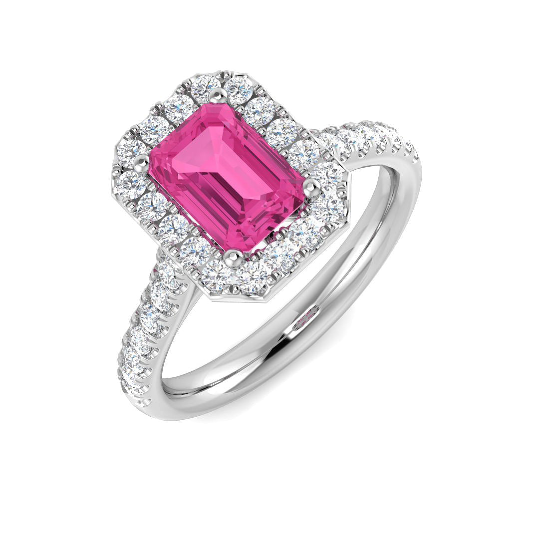 Pink Sapphire Halo Ring with Diamond Pave Band in 10K/14K gold and platinum with certified lab-grown or natural diamonds