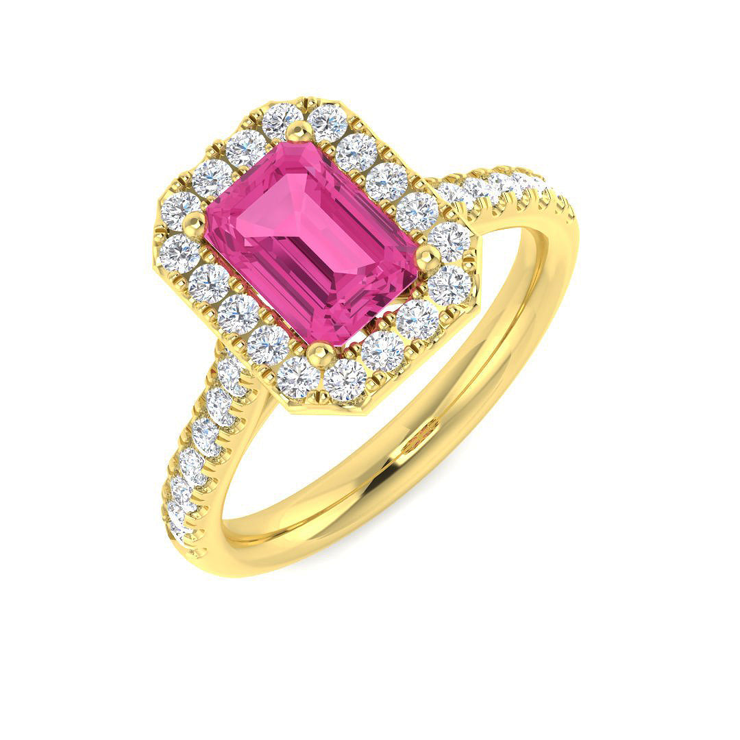 Pink Sapphire Halo Ring with Diamond Pave Band in 10K/14K gold and platinum with certified lab-grown or natural diamonds