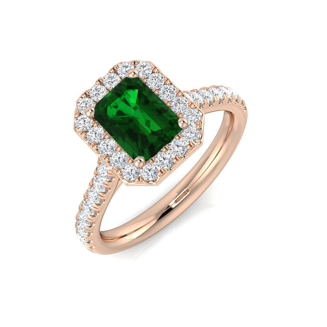 Emerald Halo Ring with Pave Natural Diamond Band in 10K/14K gold and platinum with certified lab-grown or natural diamonds