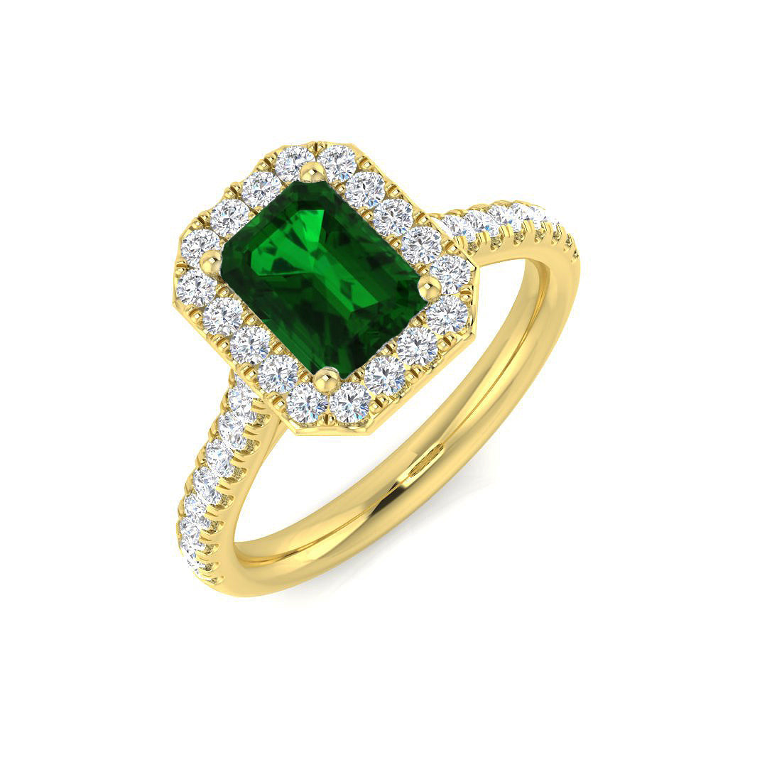 Emerald Halo Ring with Pave Natural Diamond Band in 10K/14K gold and platinum with certified lab-grown or natural diamonds