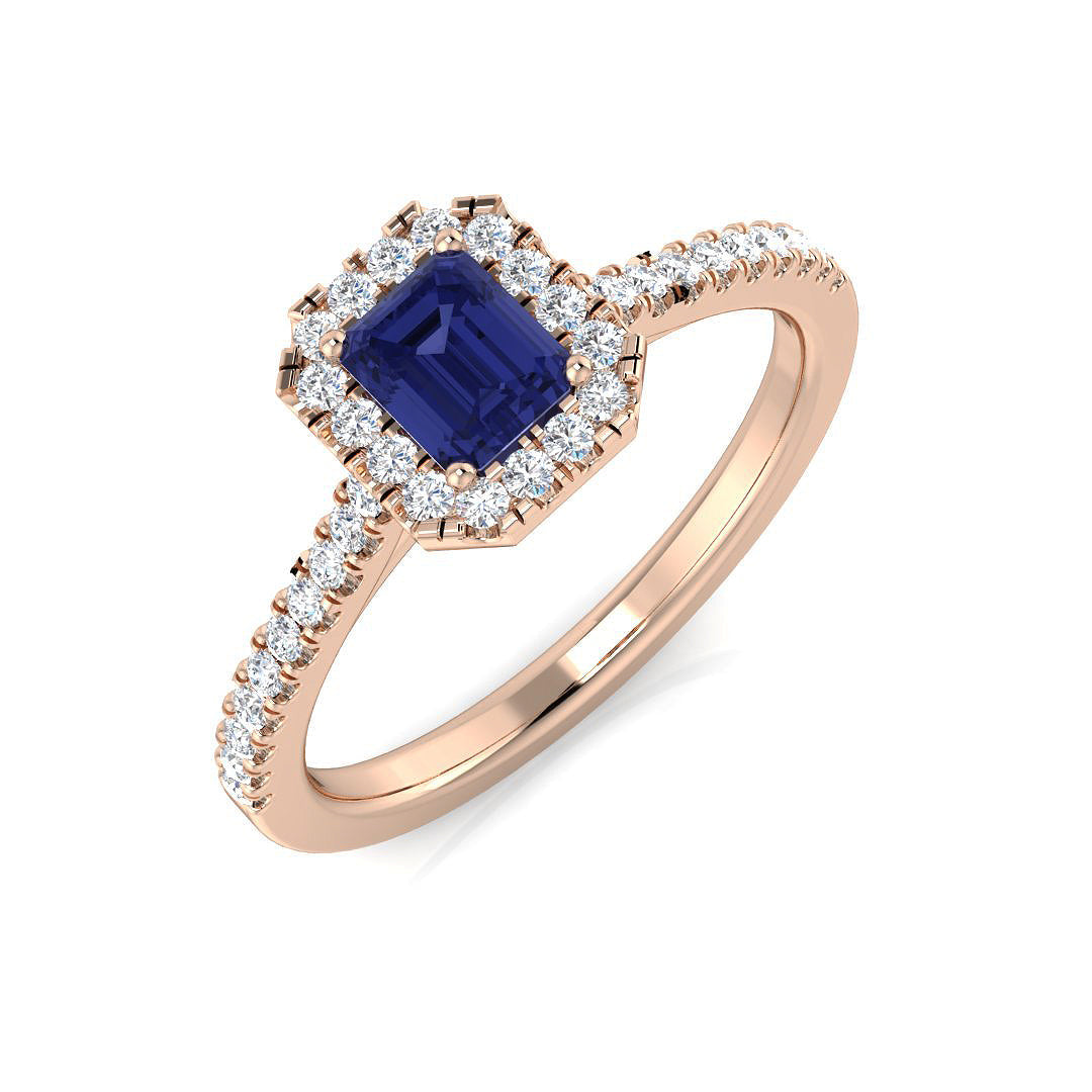 Emerald Cut Blue Sapphire Halo Ring with Round Diamond in 10K/14K gold and platinum with certified lab-grown or natural diamonds