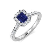 Emerald Cut Blue Sapphire Halo Ring with Round Diamond in 10K/14K gold and platinum with certified lab-grown or natural diamonds