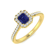 Emerald Cut Blue Sapphire Halo Ring with Round Diamond in 10K/14K gold and platinum with certified lab-grown or natural diamonds
