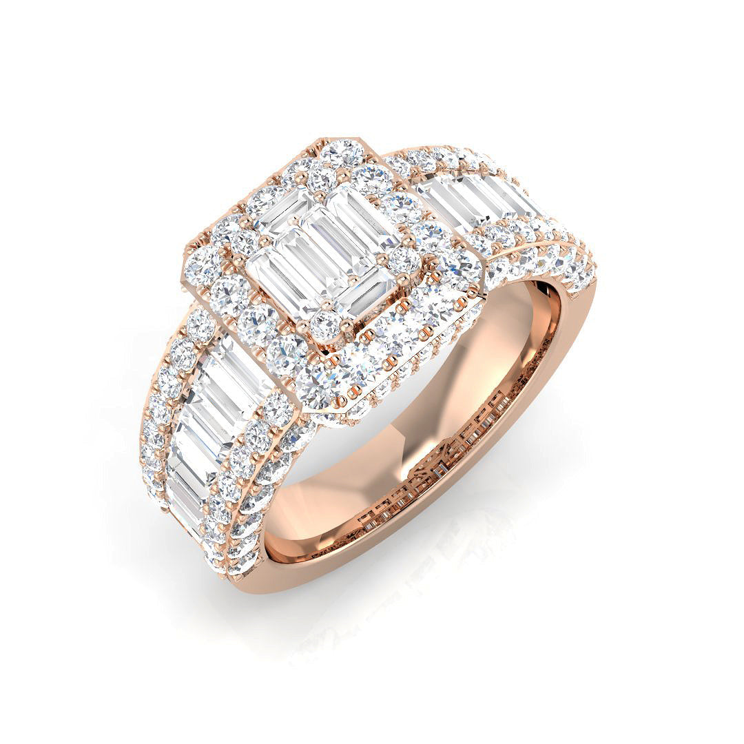 Lab Created Multi-Row Baguette & Round Diamond Cluster Statement Ring in 10K/14K gold and platinum with certified lab-grown or natural diamonds