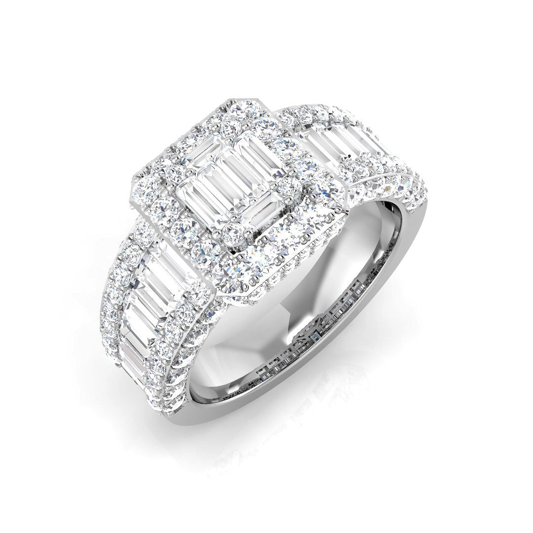 Lab Created Multi-Row Baguette & Round Diamond Cluster Statement Ring in 10K/14K gold and platinum with certified lab-grown or natural diamonds