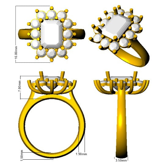 Emerald Cut Aquamarine Halo Cluster Ring with Diamonds - UK Hallmarked in 10K/14K gold and platinum with certified lab-grown or natural diamonds