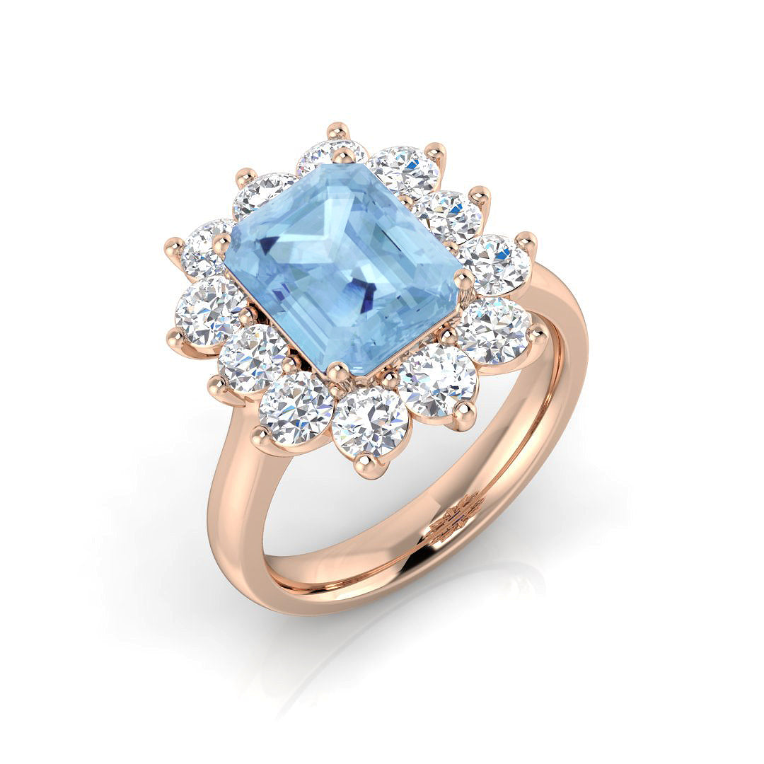 Emerald Cut Aquamarine Halo Cluster Ring with Diamonds - UK Hallmarked in 10K/14K gold and platinum with certified lab-grown or natural diamonds