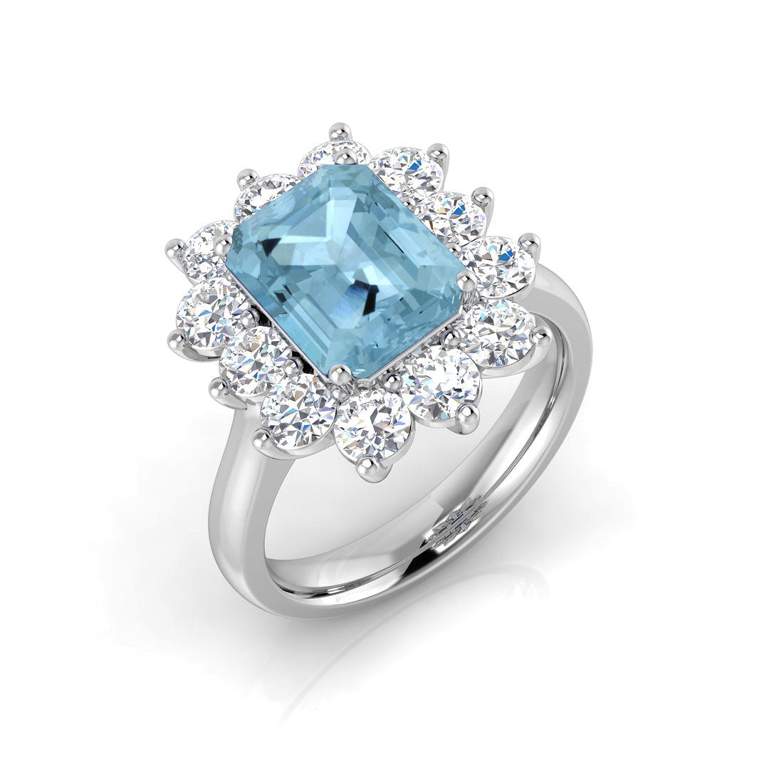 Emerald Cut Aquamarine Halo Cluster Ring with Diamonds - UK Hallmarked in 10K/14K gold and platinum with certified lab-grown or natural diamonds