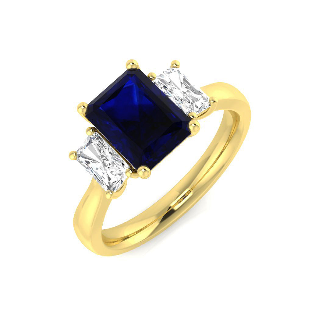 Emerald Cut Blue Sapphire & Baguette Diamond Three Stone Ring in 10K/14K gold and platinum with certified lab-grown or natural diamonds