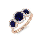 Premium Platinum Natural Round Diamond with Gemstone Halo 3 Stone Ring in 10K/14K gold and platinum with certified lab-grown or natural diamonds