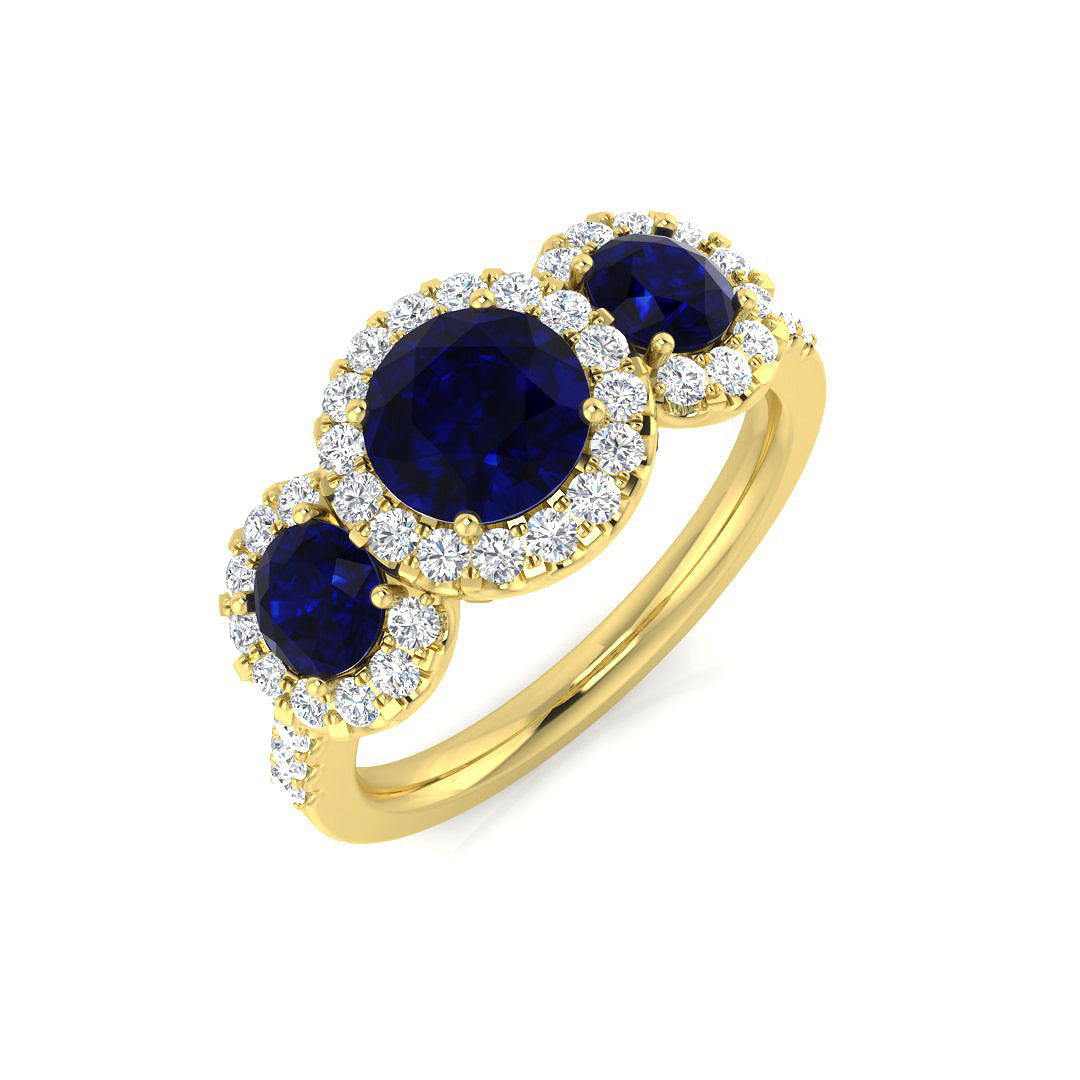 Premium Platinum Natural Round Diamond with Gemstone Halo 3 Stone Ring in 10K/14K gold and platinum with certified lab-grown or natural diamonds