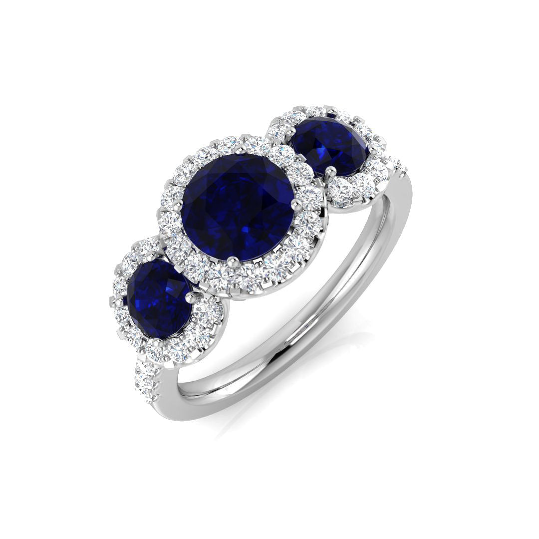 Premium Platinum Natural Round Diamond with Gemstone Halo 3 Stone Ring in 10K/14K gold and platinum with certified lab-grown or natural diamonds