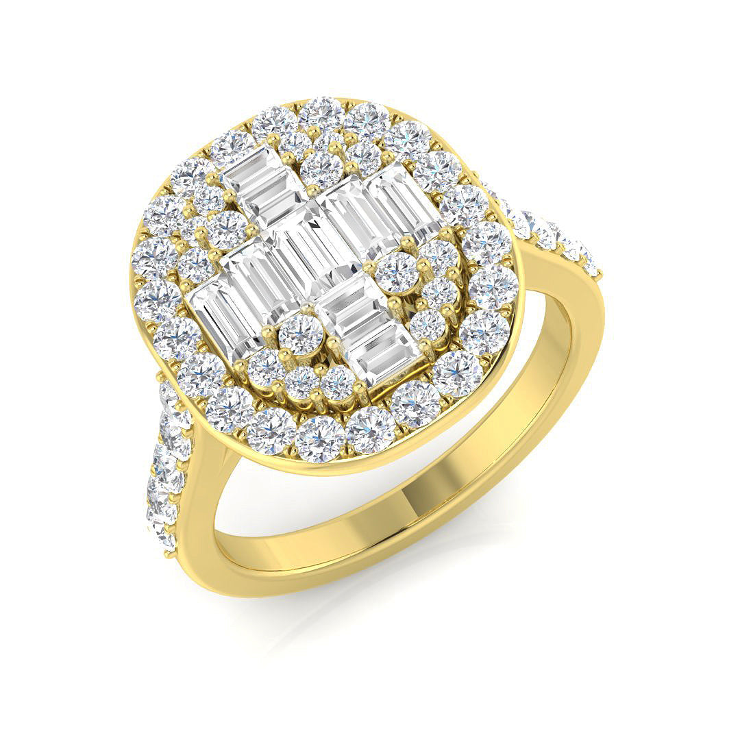 Baguette & Round Diamond Halo Ring 1.25ct Cluster UK Made in 10K/14K gold and platinum with certified lab-grown or natural diamonds