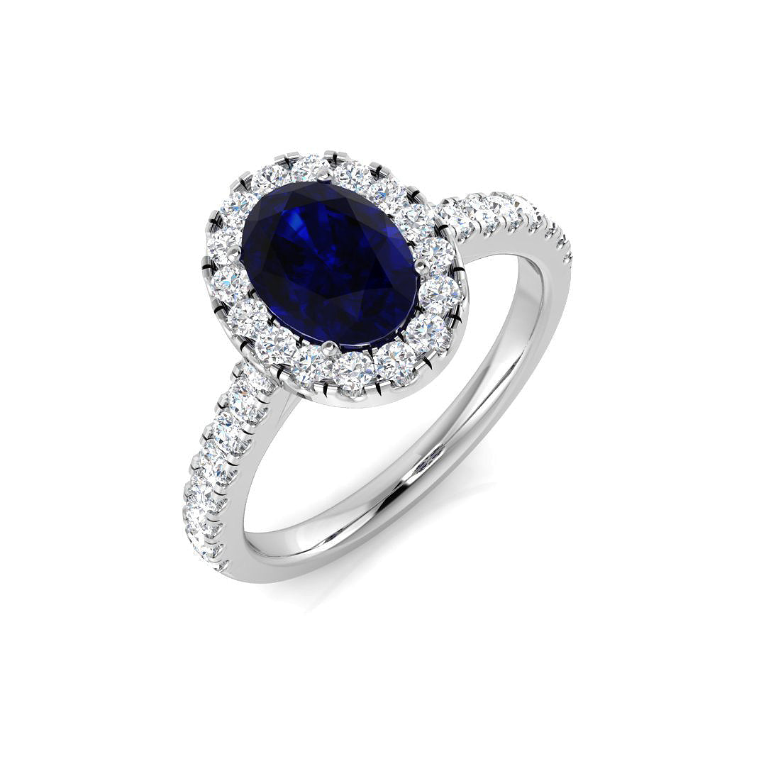 Oval Blue Sapphire Halo Ring in 10K/14K gold and platinum with certified lab-grown or natural diamonds