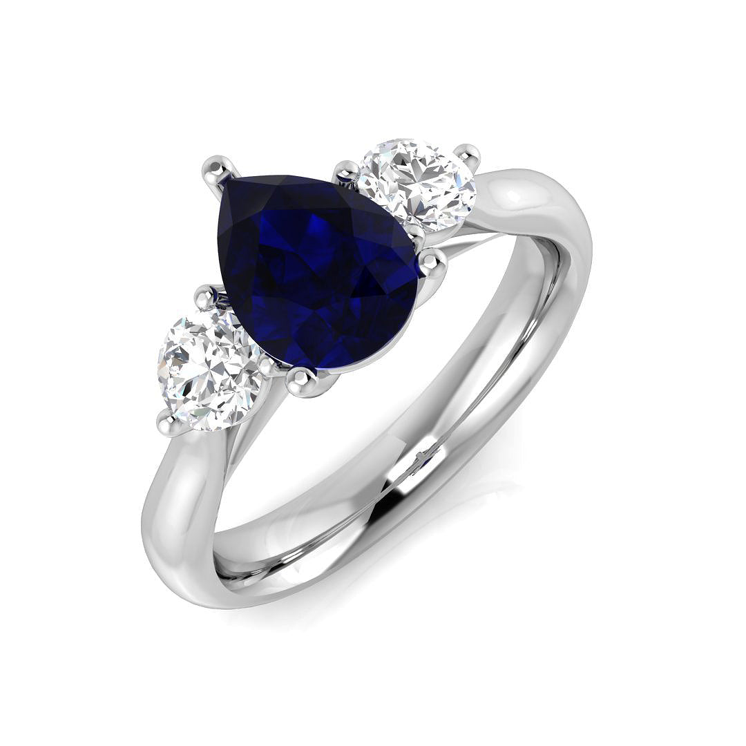 Pear Cut Blue Sapphire Three Stone Ring with Round Side Stones in 10K/14K gold and platinum with certified lab-grown or natural diamonds