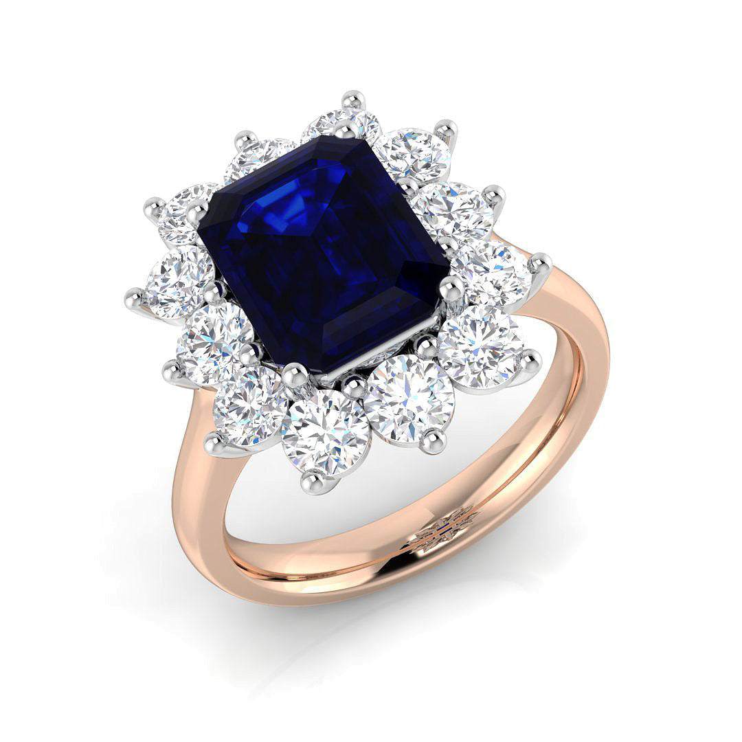 Emerald Cut Blue Sapphire Halo Ring Floral Cluster Natural Diamond in 10K/14K gold and platinum with certified lab-grown or natural diamonds