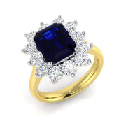 Emerald Cut Blue Sapphire Halo Ring Floral Cluster Natural Diamond in 10K/14K gold and platinum with certified lab-grown or natural diamonds