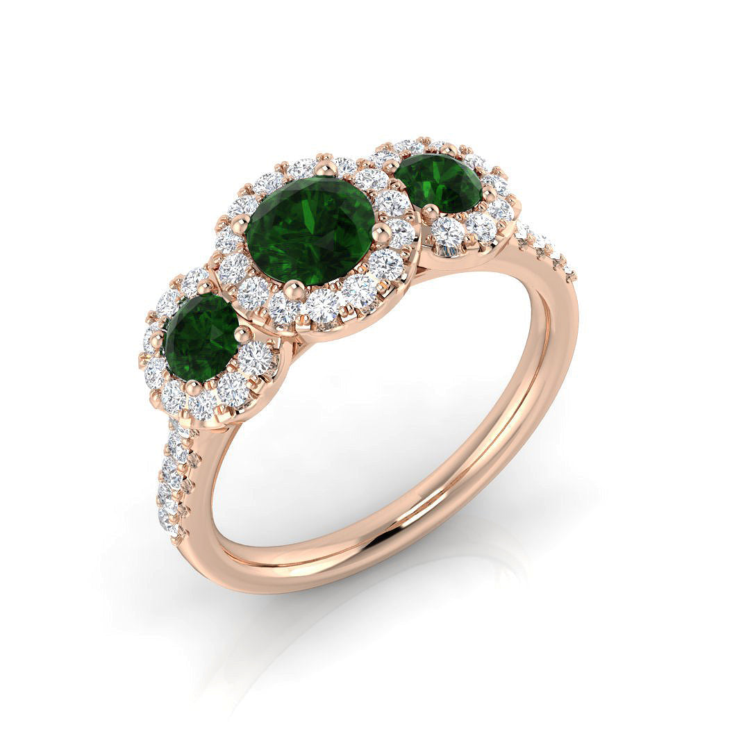 Emerald Three Stone Ring with Diamond Halo Pave Band in 10K/14K gold and platinum with certified lab-grown or natural diamonds