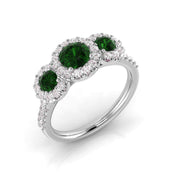 Emerald Three Stone Ring with Diamond Halo Pave Band in 10K/14K gold and platinum with certified lab-grown or natural diamonds