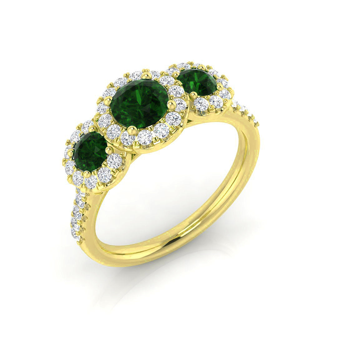 Emerald Three Stone Ring with Diamond Halo Pave Band in 10K/14K gold and platinum with certified lab-grown or natural diamonds