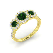 Emerald Three Stone Ring with Diamond Halo Pave Band in 10K/14K gold and platinum with certified lab-grown or natural diamonds