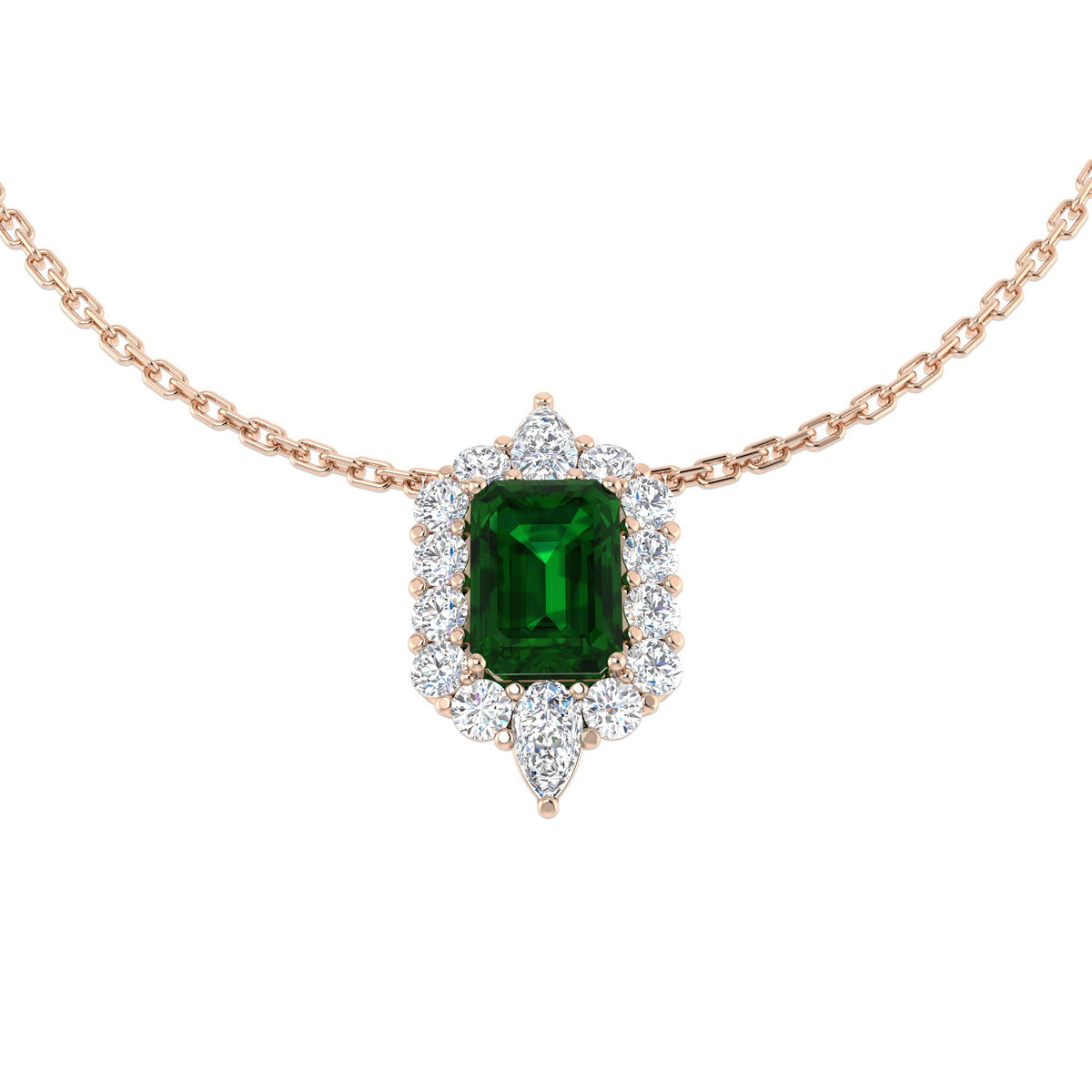 Emerald Pendant Halo Necklace with Diamond Cluster Design - UK Made in 10K/14K gold and platinum with certified lab-grown or natural diamonds